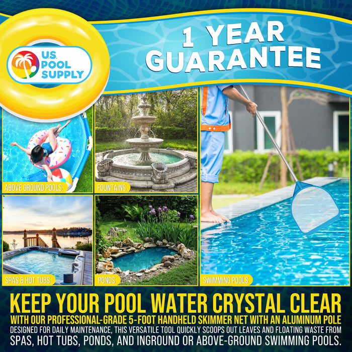 U.S. Pool Supply Pool and Spa Skimmer Net with Pole, Handheld Fine Mesh Pool Leaf Skimmer Net - Hand Held Spa, Hot Tub, Pond Cleaning - Step-Up 32" to 5 Feet Long, 5" Deep Netting, Scoop Skim Leaves