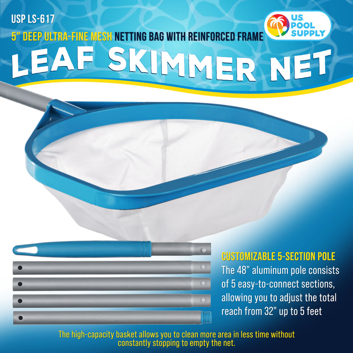 U.S. Pool Supply Pool and Spa Skimmer Net with Pole, Handheld Ultra-Fine Mesh Pool Leaf Skimmer Net - Hand Held Spa, Hot Tub, Pond Cleaning - Step-Up 32" to 5 Feet Long, 5" Deep Netting, Scoop Skim