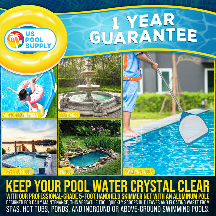 U.S. Pool Supply Pool and Spa Skimmer Net with Pole, Handheld Ultra-Fine Mesh Pool Leaf Skimmer Net - Hand Held Spa, Hot Tub, Pond Cleaning - Step-Up 32" to 5 Feet Long, 5" Deep Netting, Scoop Skim