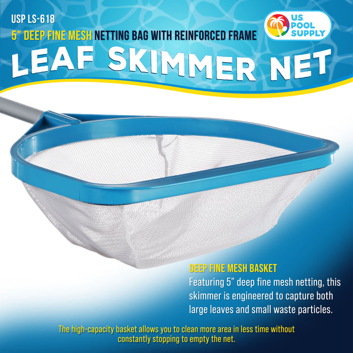 U.S. Pool Supply Pool and Spa Skimmer Net with Pole, 30" Long Handheld Fine Mesh Pool Skimmer Net - Hand Held Spa, Hot Tub, Pond Cleaning - 17" Pole Handle, Deep Leaf Netting, Scoop Skim Leaves