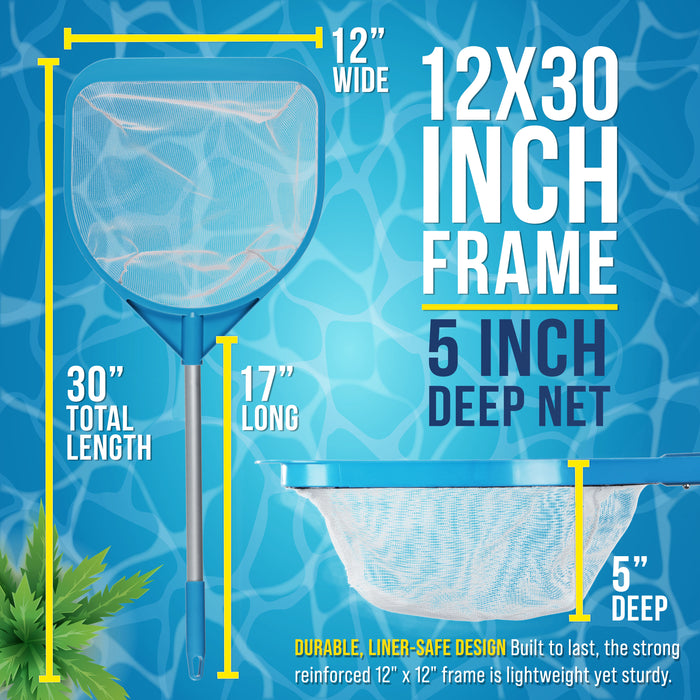 U.S. Pool Supply Pool and Spa Skimmer Net with Pole, 30" Long Handheld Fine Mesh Pool Skimmer Net - Hand Held Spa, Hot Tub, Pond Cleaning - 17" Pole Handle, Deep Leaf Netting, Scoop Skim Leaves