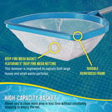 Pool and Spa Skimmer Net with Pole, 30" Long Handheld Fine Mesh Pool Skimmer Net - Hand Held Spa, Hot Tub, Pond Cleaning - 17" Pole Handle, Deep Leaf Netting, Scoop Skim Leaves