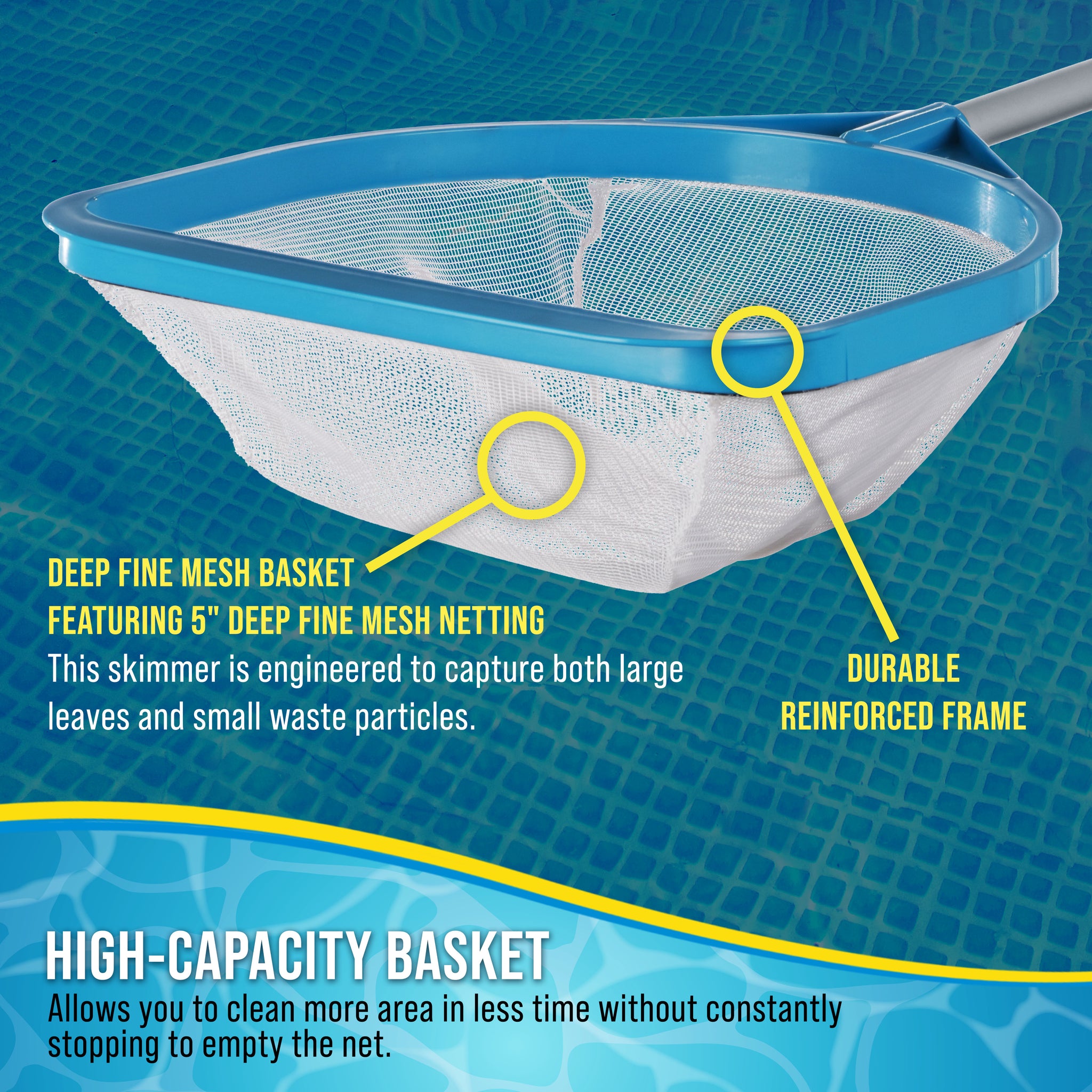 Pool and Spa Skimmer Net with Pole, 30" Long Handheld Fine Mesh Pool Skimmer Net - Hand Held Spa, Hot Tub, Pond Cleaning - 17" Pole Handle, Deep Leaf Netting, Scoop Skim Leaves