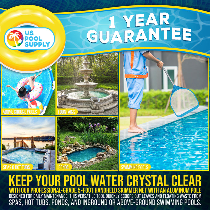 U.S. Pool Supply Pool and Spa Skimmer Net with Pole, 30" Long Handheld Fine Mesh Pool Skimmer Net - Hand Held Spa, Hot Tub, Pond Cleaning - 17" Pole Handle, Deep Leaf Netting, Scoop Skim Leaves