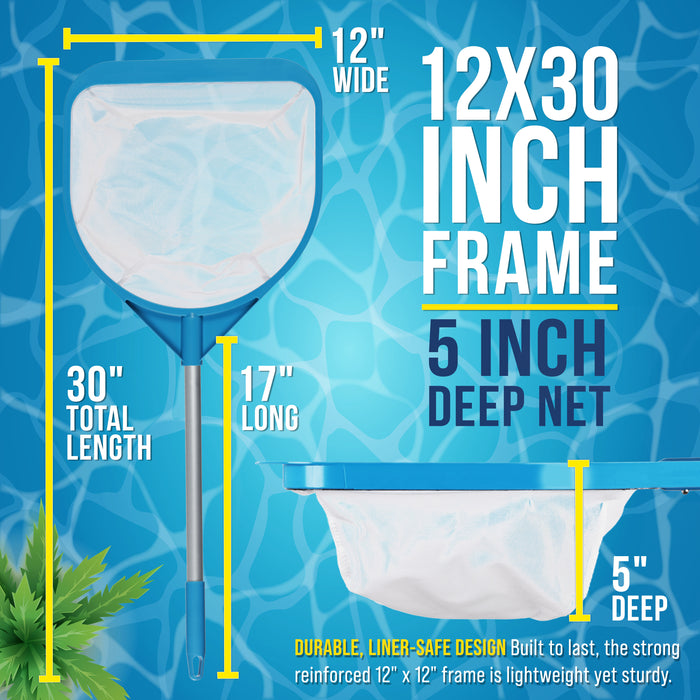 U.S. Pool Supply Pool and Spa Skimmer Net with Pole, 30" Long Handheld Ultra-Fine Mesh Pool Skimmer Net - Hand Held Spa, Hot Tub, Pond Cleaning - 17" Pole Handle, Deep Leaf Netting, Scoop Skim Leaves