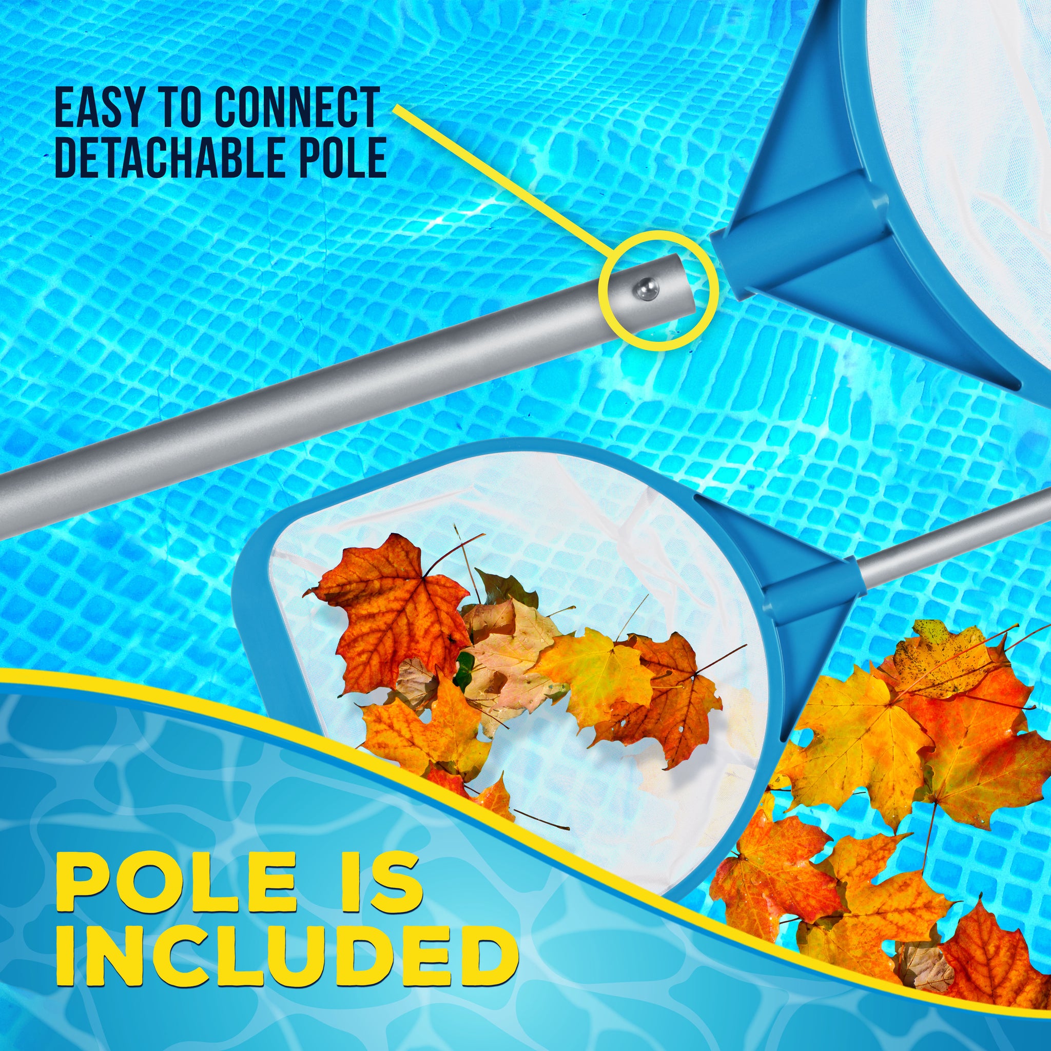 Pool and Spa Skimmer Net with Pole, 30" Long Handheld Ultra-Fine Mesh Pool Skimmer Net - Hand Held Spa, Hot Tub, Pond Cleaning - 17" Pole Handle, Deep Leaf Netting, Scoop Skim Leaves