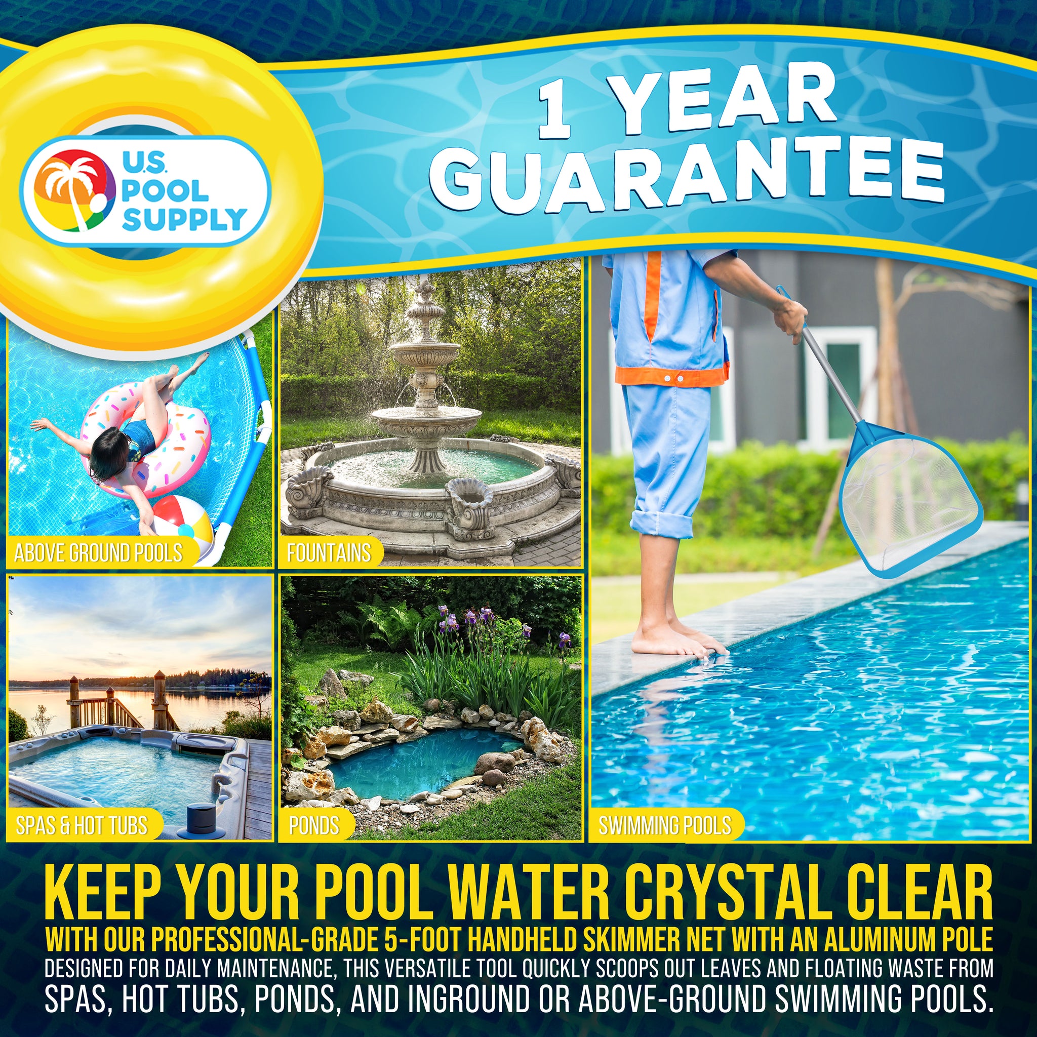 Pool and Spa Skimmer Net with Pole, 30" Long Handheld Ultra-Fine Mesh Pool Skimmer Net - Hand Held Spa, Hot Tub, Pond Cleaning - 17" Pole Handle, Deep Leaf Netting, Scoop Skim Leaves