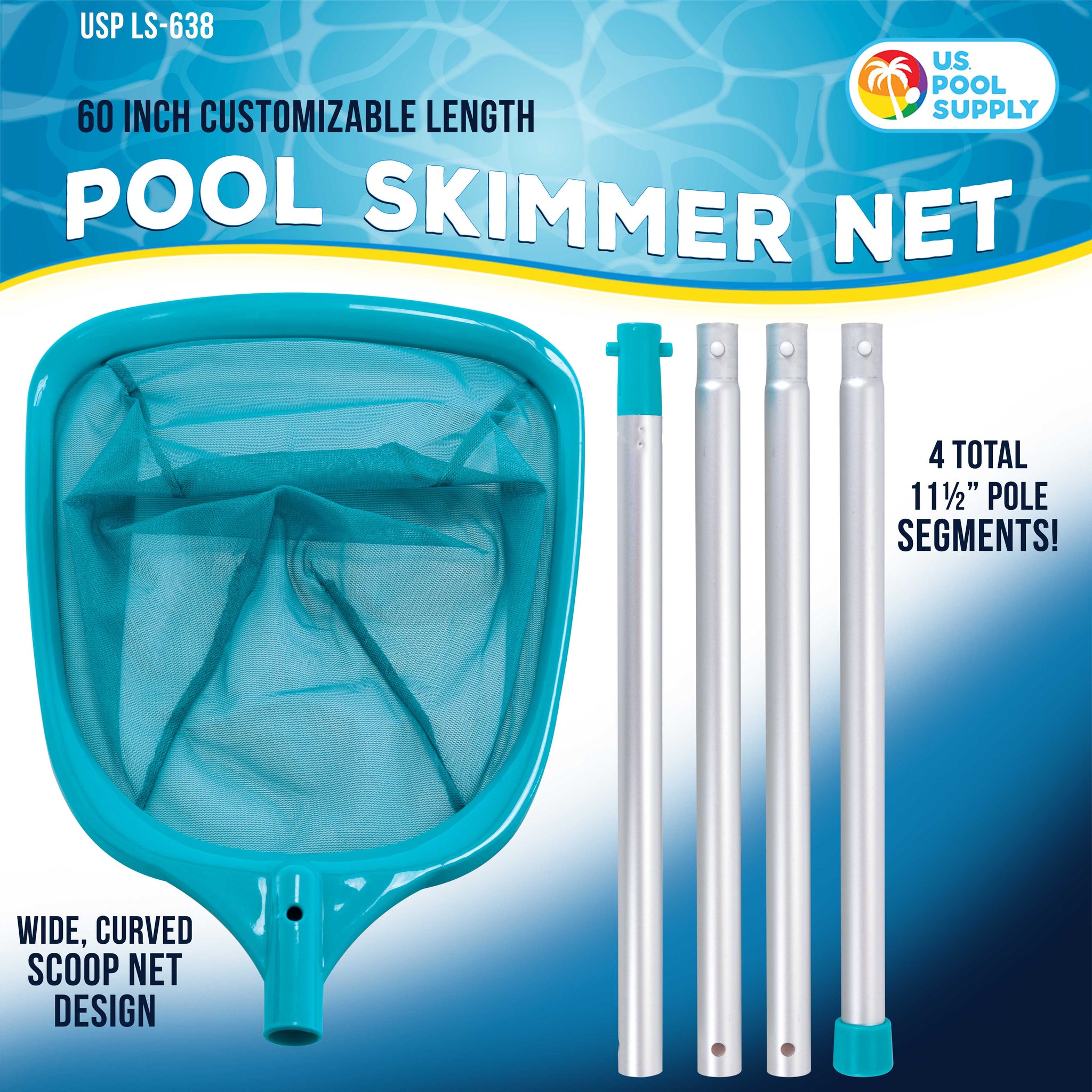 Swimming Pool 5 Foot Leaf Skimmer Net with 4 Aluminum Pole Sections - 6" Deep Ultra Fine Mesh Netting Bag Basket for Fast Cleaning of Debris, 60" Long