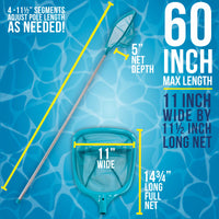 Swimming Pool 5 Foot Leaf Skimmer Net with 4 Aluminum Pole Sections - 6" Deep Ultra Fine Mesh Netting Bag Basket for Fast Cleaning of Debris, 60" Long