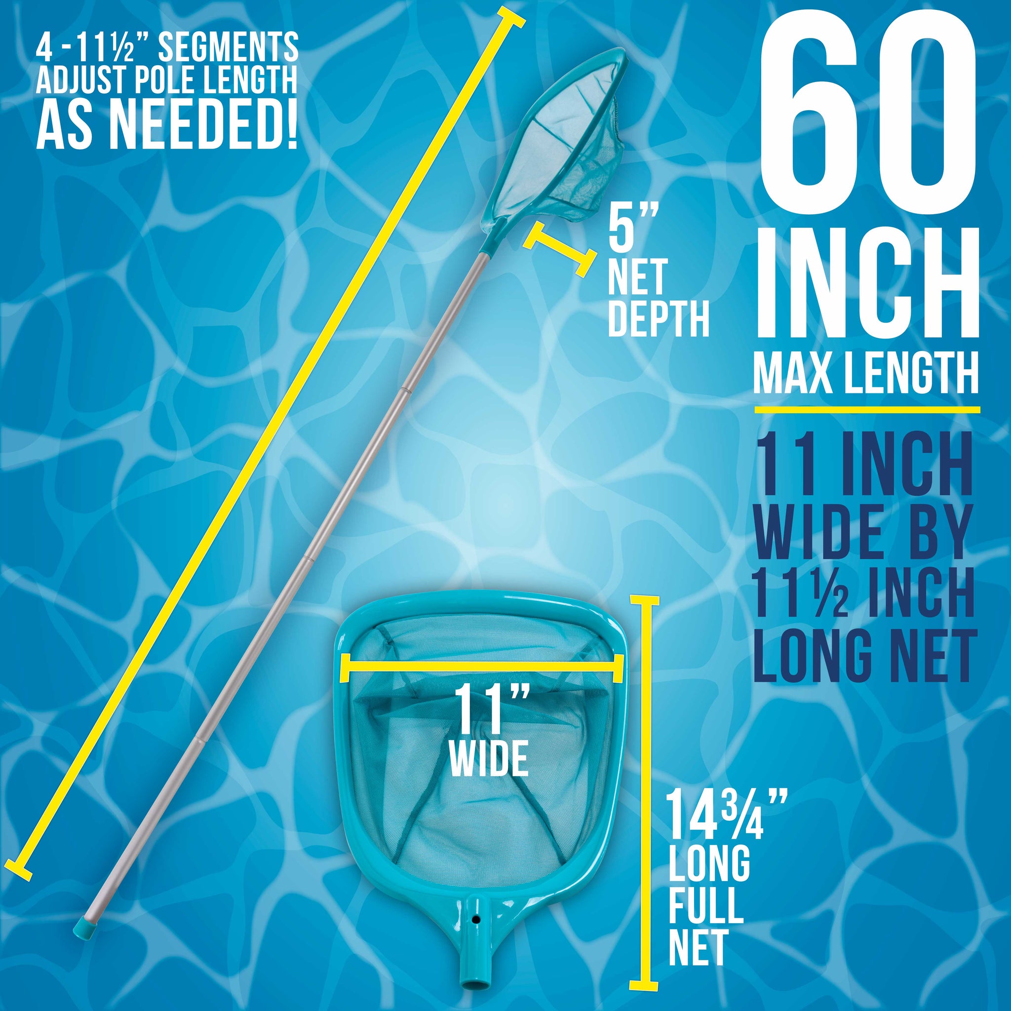Swimming Pool 5 Foot Leaf Skimmer Net with 4 Aluminum Pole Sections - 6" Deep Ultra Fine Mesh Netting Bag Basket for Fast Cleaning of Debris, 60" Long