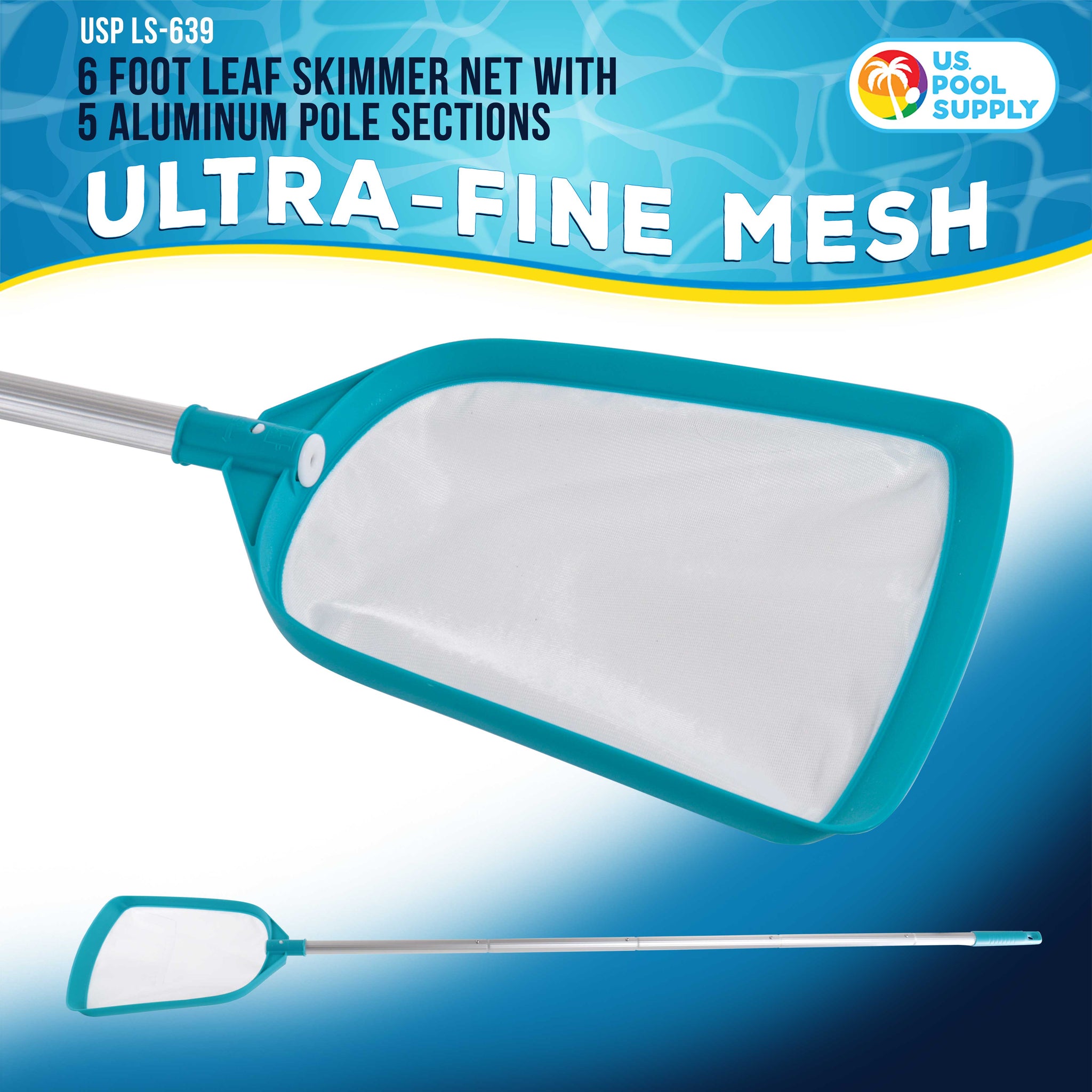 Professional Swimming Pool 6-Foot Leaf Skimmer Net with 5 Aluminum Pole Sections - Ultra Fine Mesh Netting, Skim the Finest Debris