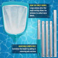 Professional Swimming Pool 6-Foot Leaf Skimmer Net with 5 Aluminum Pole Sections - Ultra Fine Mesh Netting, Skim the Finest Debris