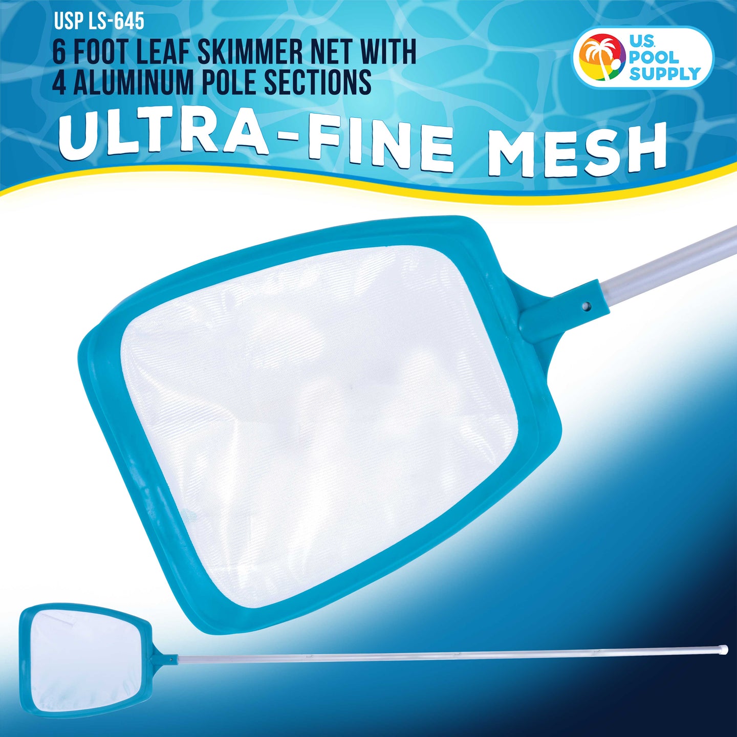 Swimming Pool 6 Foot Leaf Skimmer Net with 4 Deluxe Aluminum Pole Sections, Ultra Fine Mesh Netting, Clean Fine Debris, Pool Spa Pond