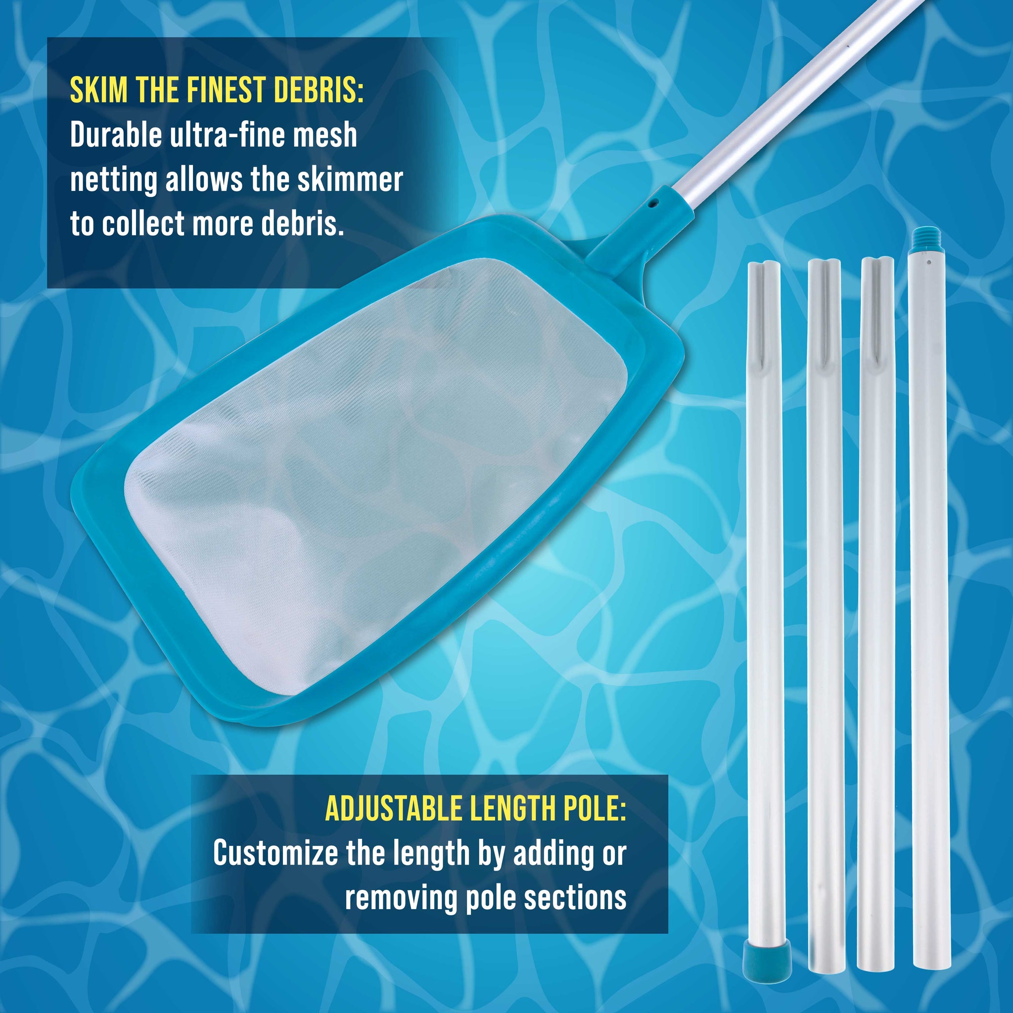 Swimming Pool 6 Foot Leaf Skimmer Net with 4 Deluxe Aluminum Pole Sections, Ultra Fine Mesh Netting, Clean Fine Debris, Pool Spa Pond
