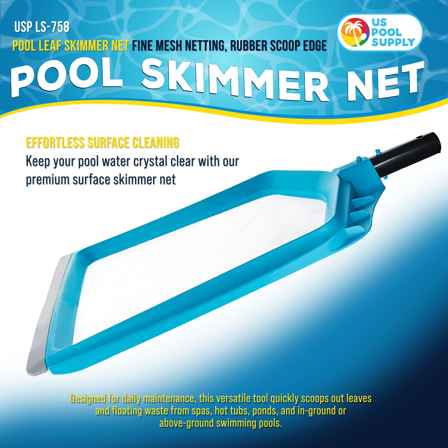 Pool Skimmer Net - Pool Leaf Skimmer Net, Fine Mesh Netting, Rubber Scoop Edge, Aluminum Pole Handle, Skim Surface Leaves