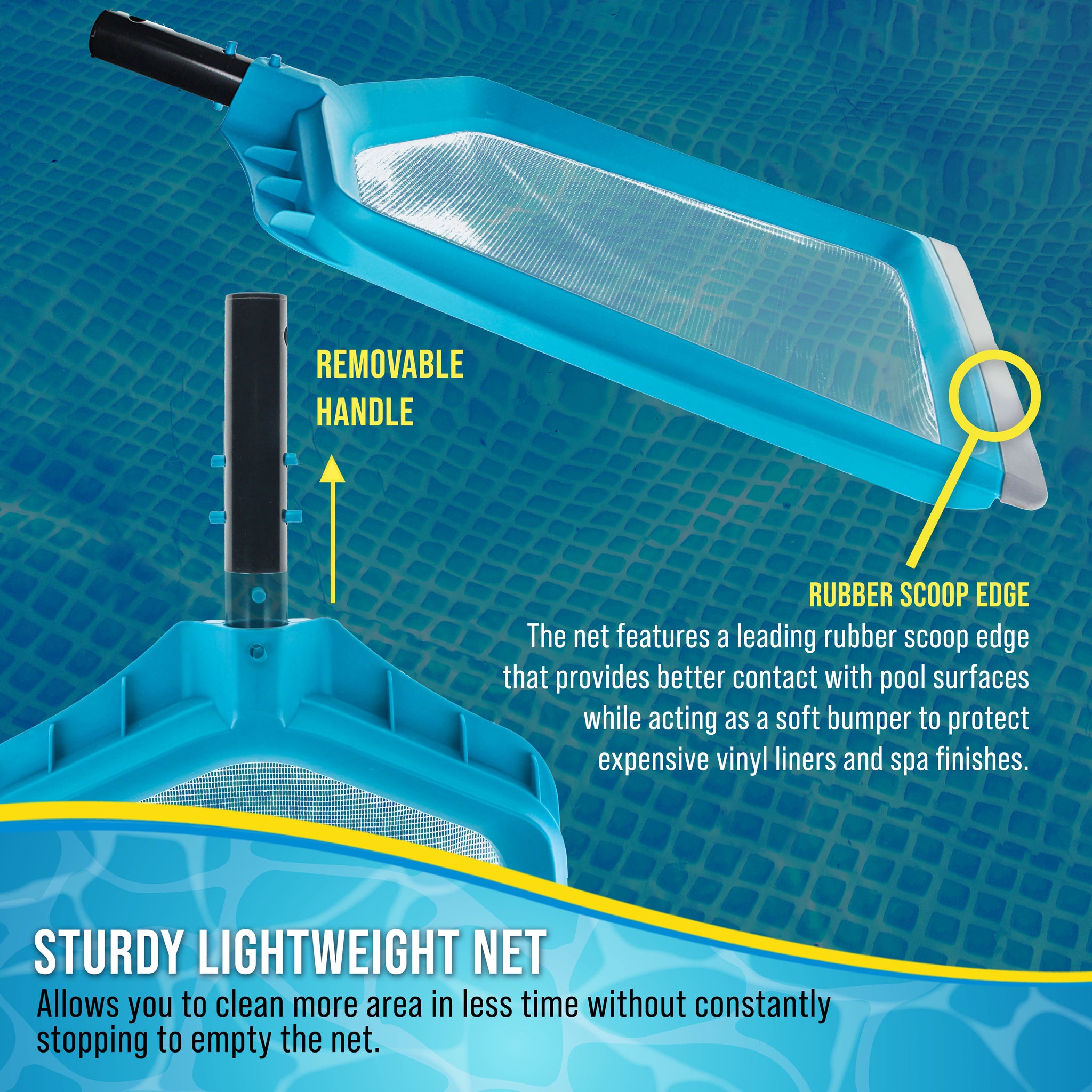 Pool Skimmer Net - Pool Leaf Skimmer Net, Fine Mesh Netting, Rubber Scoop Edge, Aluminum Pole Handle, Skim Surface Leaves