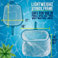 Professional Swimming Pool 12" Leaf Skimmer Net & 16" Rake Net Set - Fine Mesh Netting, Clean Pool, Spa - Removes Leaves, Debris Fast