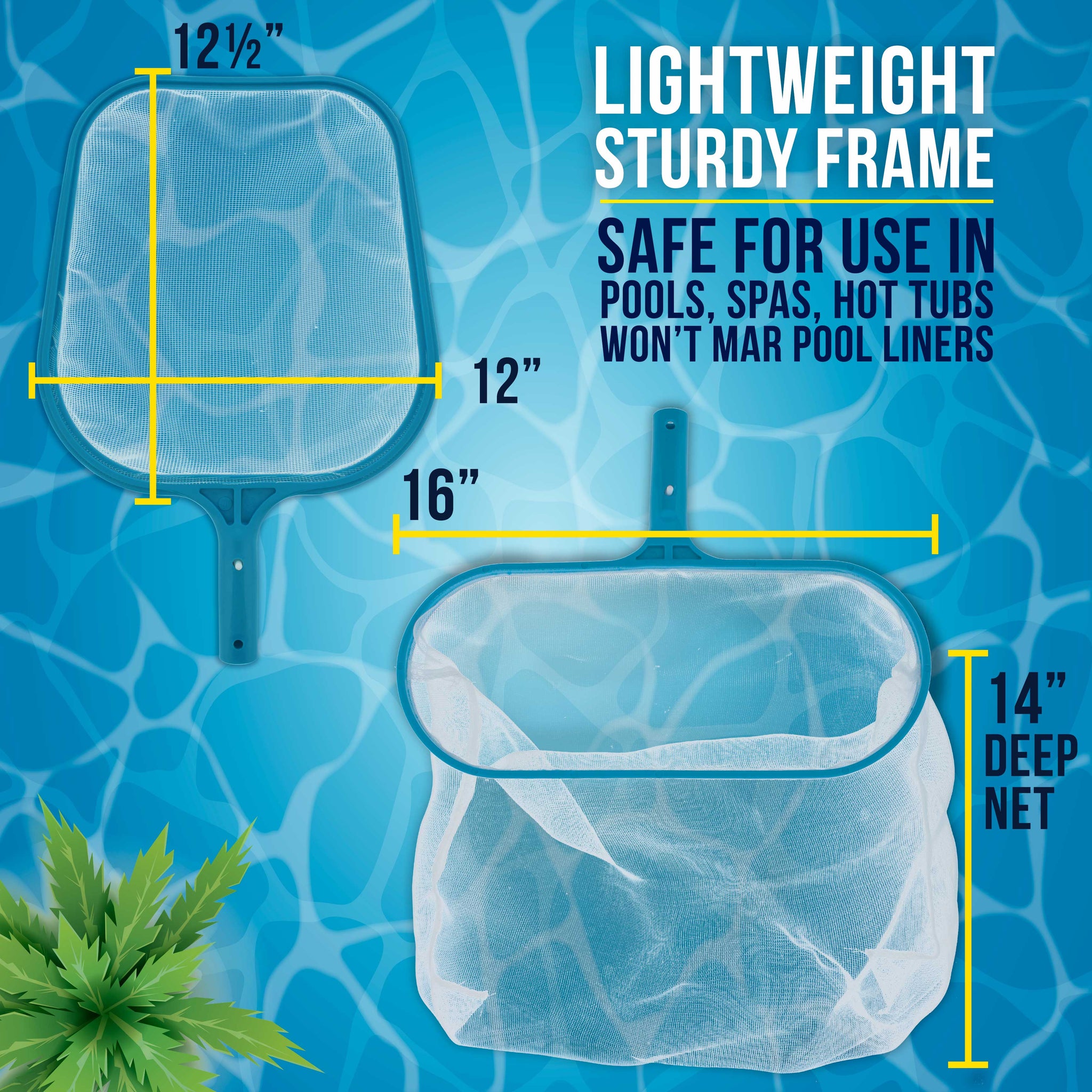 Professional Swimming Pool 12" Leaf Skimmer Net & 16" Rake Net Set - Fine Mesh Netting, Clean Pool, Spa - Removes Leaves, Debris Fast