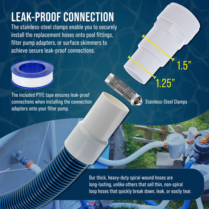 1.5" Heavy-Duty Above Ground Pool Hose Replacement Kit - 2 Durable 6 Foot Hoses, 2 Connection Adapters, 4 Clamps - Compatible with Intex Pool Filter Pumps