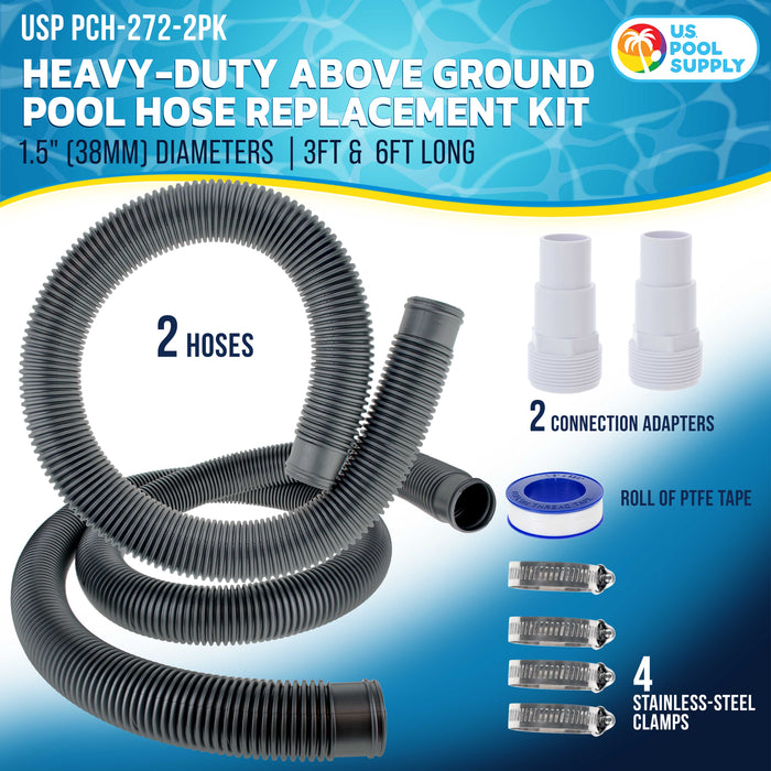 1.5" Heavy-Duty Above Ground Pool Hose Replacement Kit - 3 Foot and 6 Foot Silver Hoses, 2 Connection Adapters, 4 Clamps - Compatible with Intex Filter Pumps