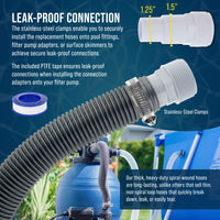 1.5" Heavy-Duty Above Ground Pool Hose Replacement Kit - 3 Foot and 6 Foot Silver Hoses, 2 Connection Adapters, 4 Clamps - Compatible with Intex Filter Pumps