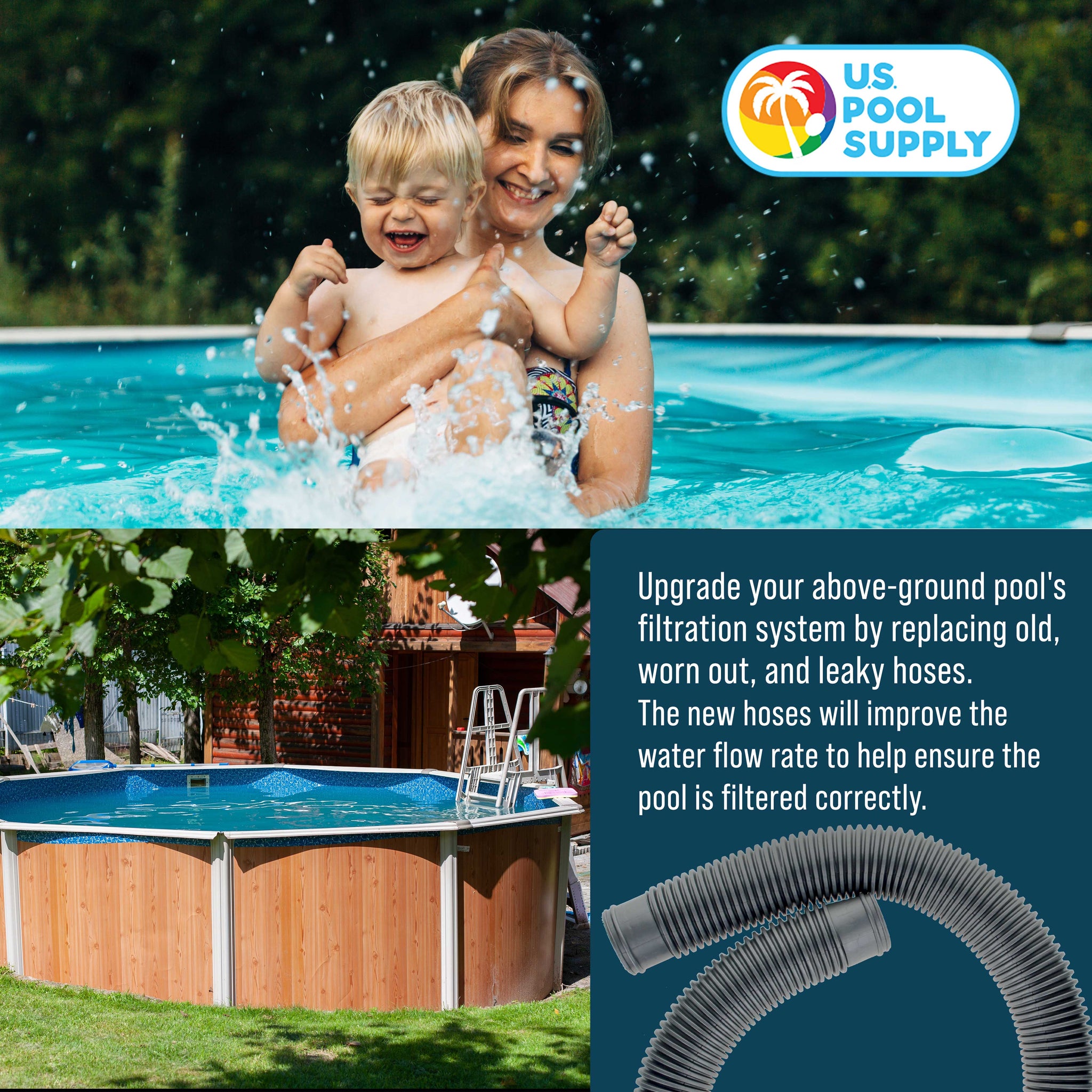 1.5" Heavy-Duty Above Ground Pool Hose Replacement Kit - 3 Foot and 6 Foot Silver Hoses, 2 Connection Adapters, 4 Clamps - Compatible with Intex Filter Pumps