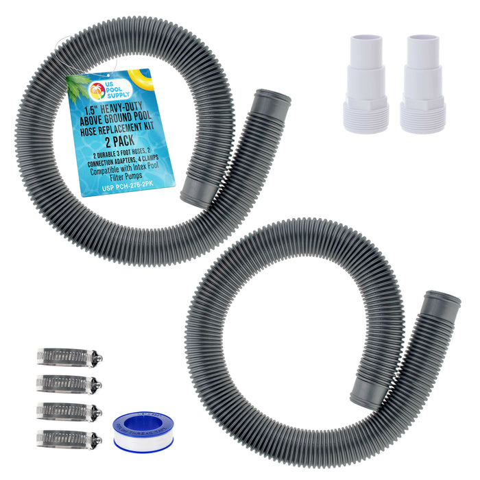 1.5" Heavy-Duty Above Ground Pool Hose Replacement Kit - 2 Silver 3 Foot Hoses, 2 Connection Adapters, 4 Clamps - Compatible with Intex Filter Pumps