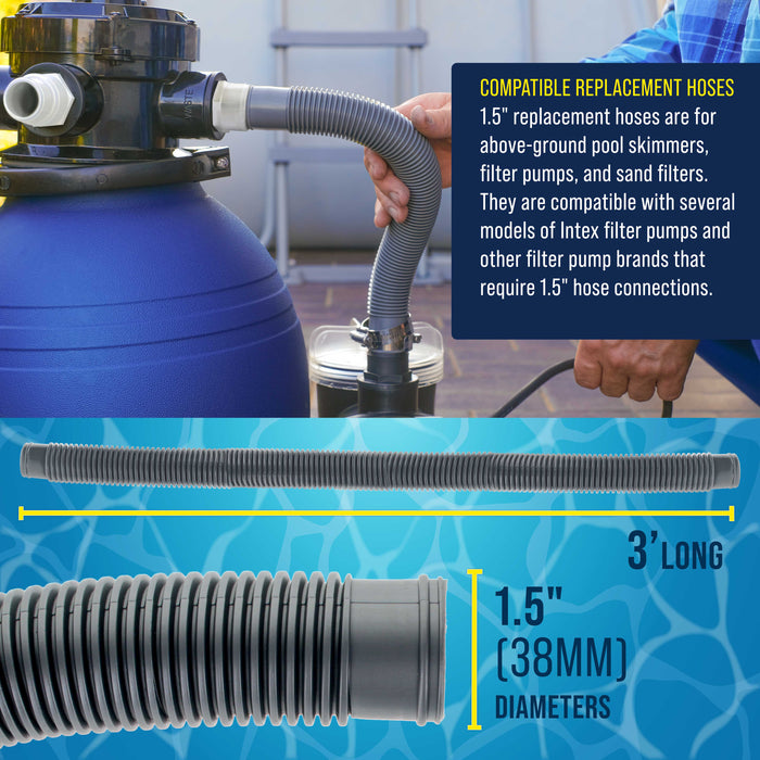 1.5" Heavy-Duty Above Ground Pool Hose Replacement Kit - 2 Silver 3 Foot Hoses, 2 Connection Adapters, 4 Clamps - Compatible with Intex Filter Pumps