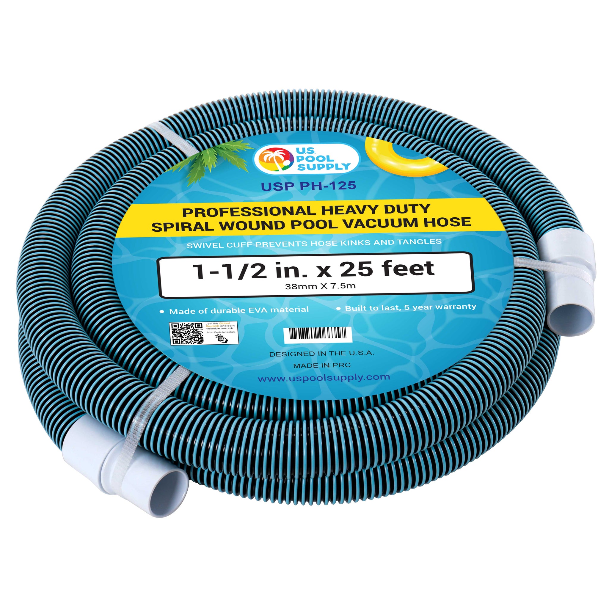 1-1/2" x 25 Foot Heavy Duty Spiral Wound Swimming Pool Vacuum Hose with Kink-Free Swivel Cuff, Flexible - Connect to Vacuum Heads