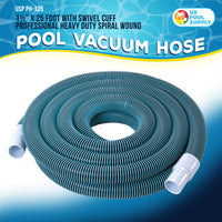 1-1/2" x 25 Foot Heavy Duty Spiral Wound Swimming Pool Vacuum Hose with Kink-Free Swivel Cuff, Flexible - Connect to Vacuum Heads