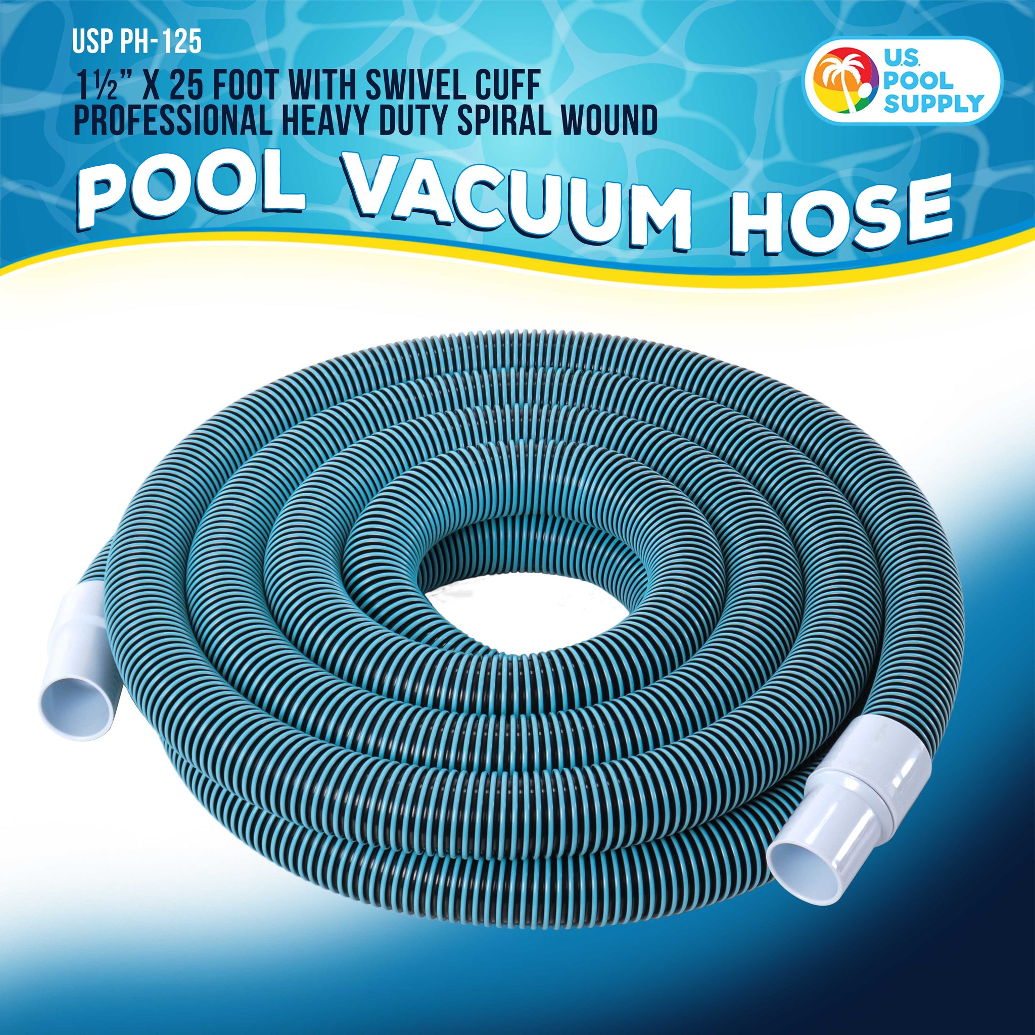 1-1/2" x 25 Foot Heavy Duty Spiral Wound Swimming Pool Vacuum Hose with Kink-Free Swivel Cuff, Flexible - Connect to Vacuum Heads