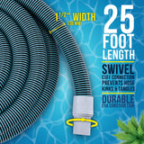 1-1/2" x 25 Foot Heavy Duty Spiral Wound Swimming Pool Vacuum Hose with Kink-Free Swivel Cuff, Flexible - Connect to Vacuum Heads