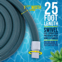 1-1/2" x 25 Foot Heavy Duty Spiral Wound Swimming Pool Vacuum Hose with Kink-Free Swivel Cuff, Flexible - Connect to Vacuum Heads