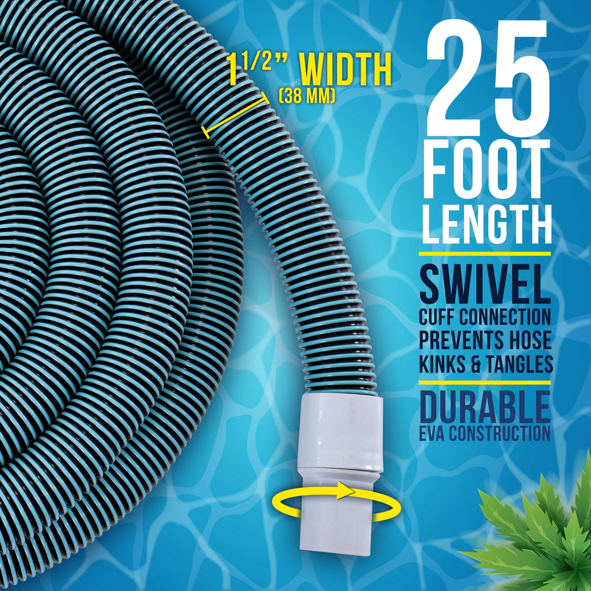 1-1/2" x 25 Foot Heavy Duty Spiral Wound Swimming Pool Vacuum Hose with Kink-Free Swivel Cuff, Flexible - Connect to Vacuum Heads