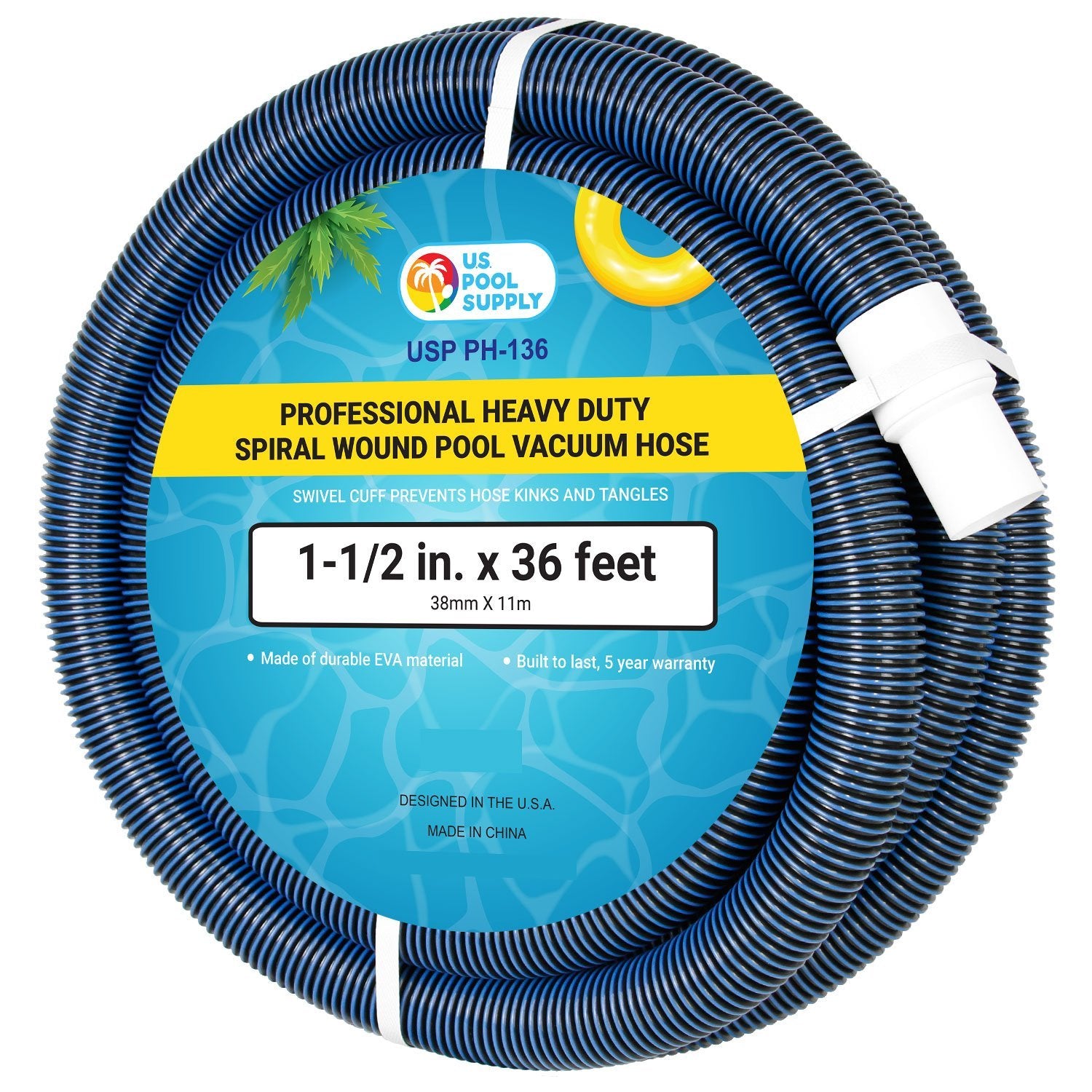 1-1/2" x 36 Foot Heavy Duty Spiral Wound Swimming Pool Vacuum Hose with Kink-Free Swivel Cuff, Flexible - Connect to Vacuum Heads