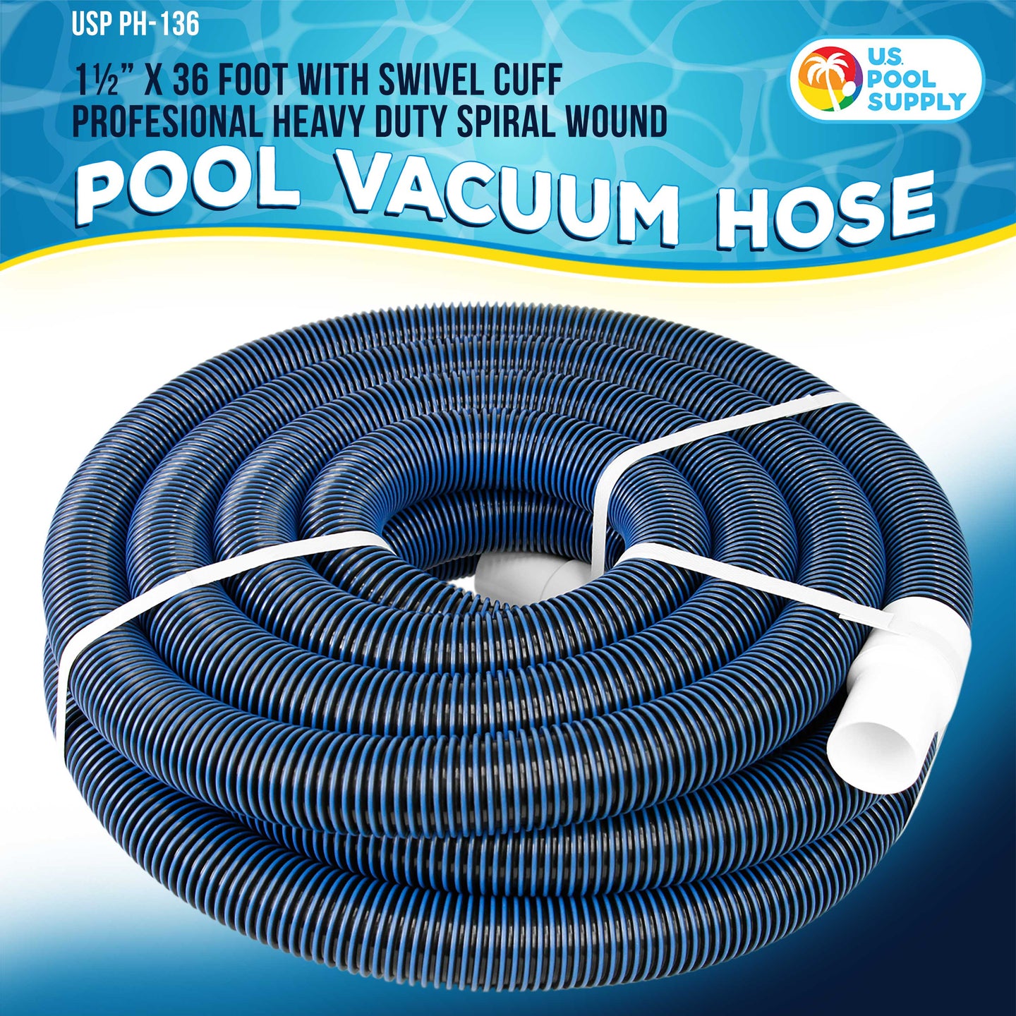 1-1/2" x 36 Foot Heavy Duty Spiral Wound Swimming Pool Vacuum Hose with Kink-Free Swivel Cuff, Flexible - Connect to Vacuum Heads
