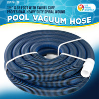 1-1/2" x 36 Foot Heavy Duty Spiral Wound Swimming Pool Vacuum Hose with Kink-Free Swivel Cuff, Flexible - Connect to Vacuum Heads