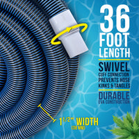 1-1/2" x 36 Foot Heavy Duty Spiral Wound Swimming Pool Vacuum Hose with Kink-Free Swivel Cuff, Flexible - Connect to Vacuum Heads