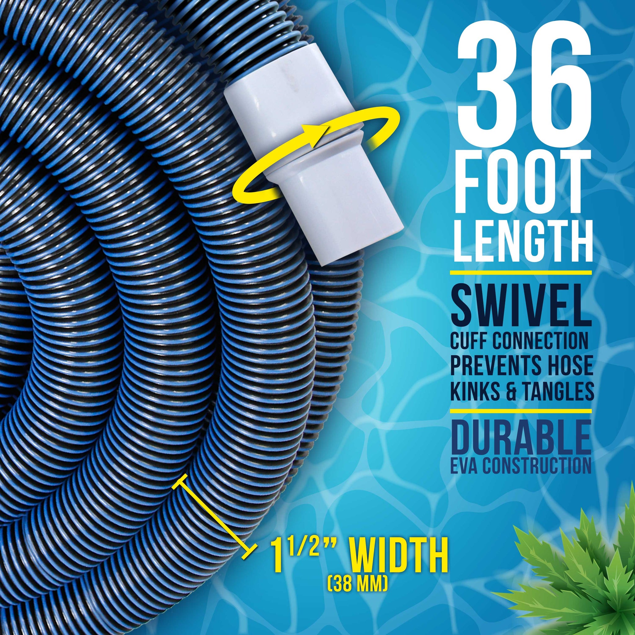 1-1/2" x 36 Foot Heavy Duty Spiral Wound Swimming Pool Vacuum Hose with Kink-Free Swivel Cuff, Flexible - Connect to Vacuum Heads