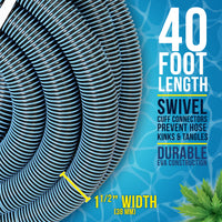 1-1/2" x 40 Foot Heavy Duty Spiral Wound Swimming Pool Vacuum Hose with Kink-Free Swivel Cuff, Flexible - Connect to Vacuum Heads