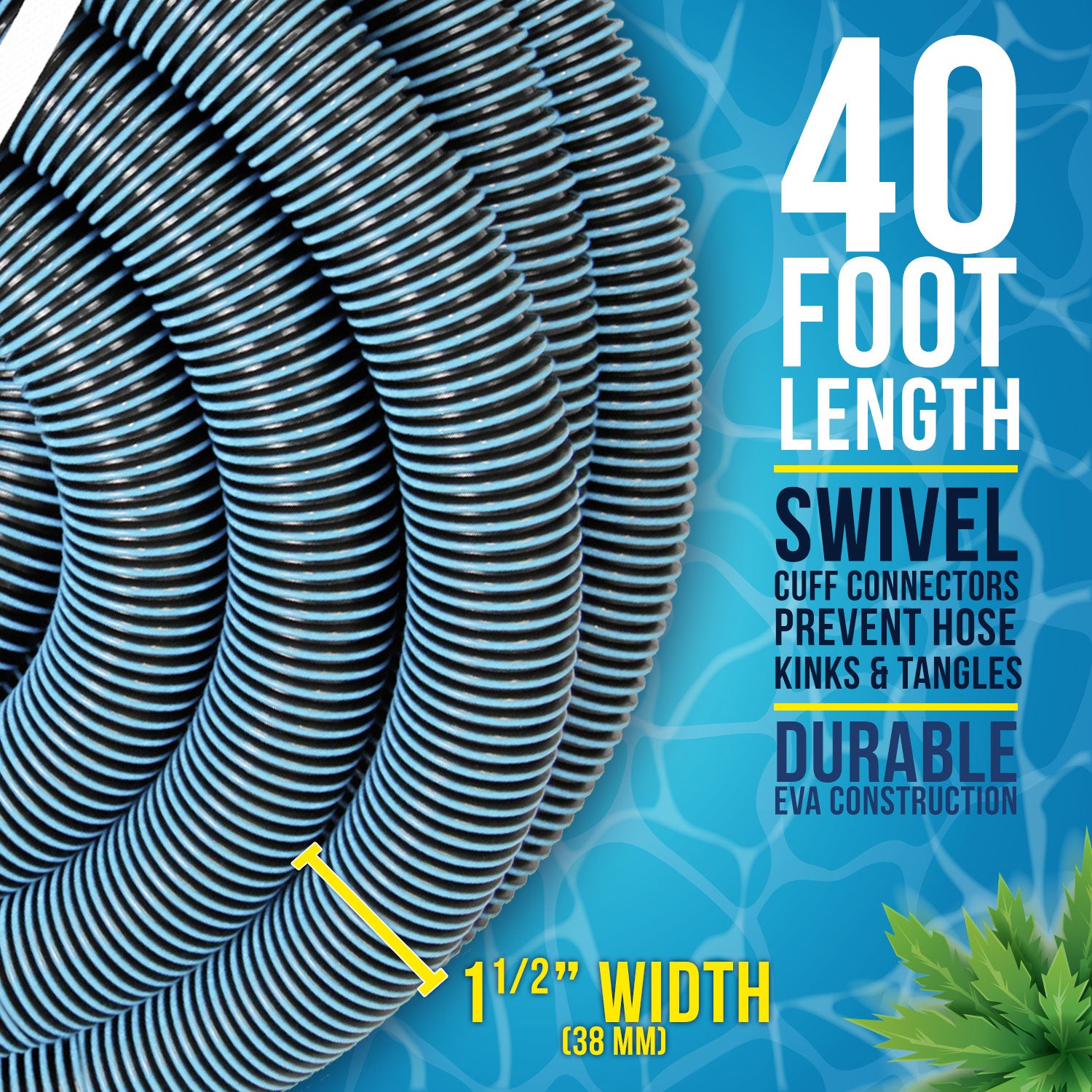 1-1/2" x 40 Foot Heavy Duty Spiral Wound Swimming Pool Vacuum Hose with Kink-Free Swivel Cuff, Flexible - Connect to Vacuum Heads