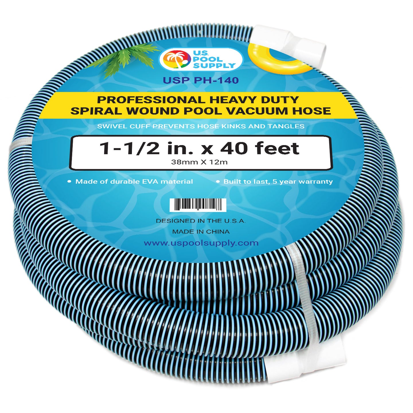 1-1/2" x 40 Foot Heavy Duty Spiral Wound Swimming Pool Vacuum Hose with Kink-Free Swivel Cuff, Flexible - Connect to Vacuum Heads