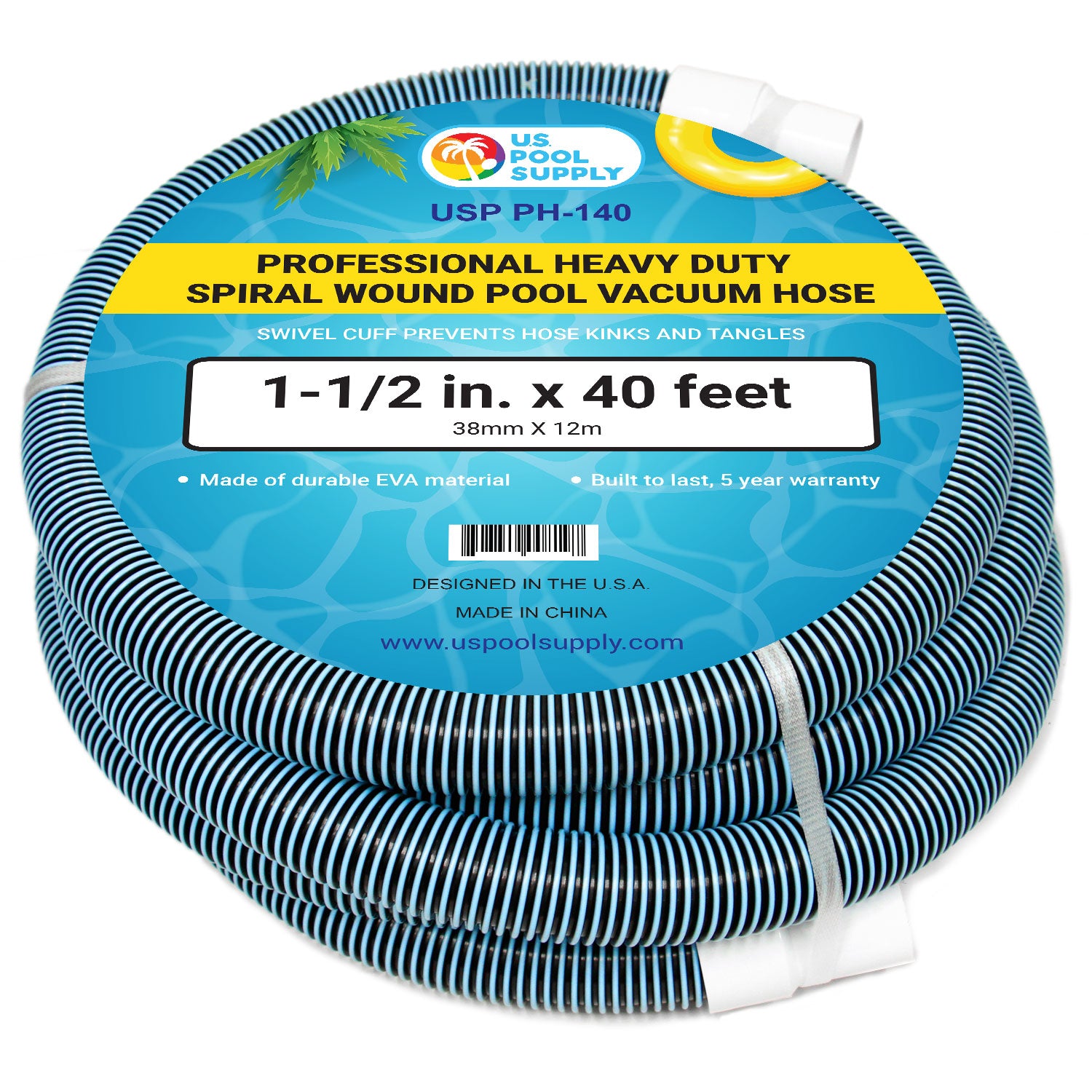 1-1/2" x 40 Foot Heavy Duty Spiral Wound Swimming Pool Vacuum Hose with Kink-Free Swivel Cuff, Flexible - Connect to Vacuum Heads