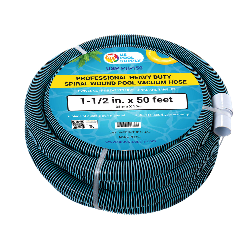U.S. Pool Supply® 1-1/2" x 50 Foot Heavy Duty Spiral Wound Swimming Pool Vacuum Hose with Kink-Free Swivel Cuff, Flexible - Connect to Vacuum Heads