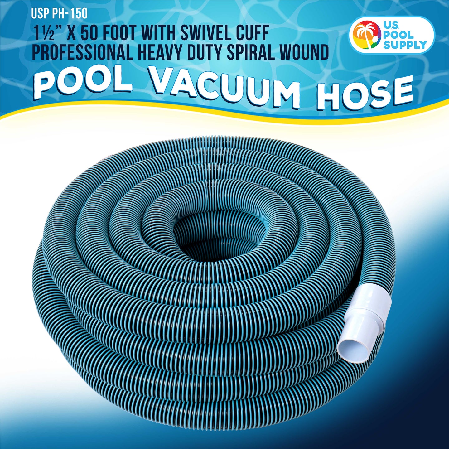 1-1/2" x 50 Foot Heavy Duty Spiral Wound Swimming Pool Vacuum Hose with Kink-Free Swivel Cuff, Flexible - Connect to Vacuum Heads