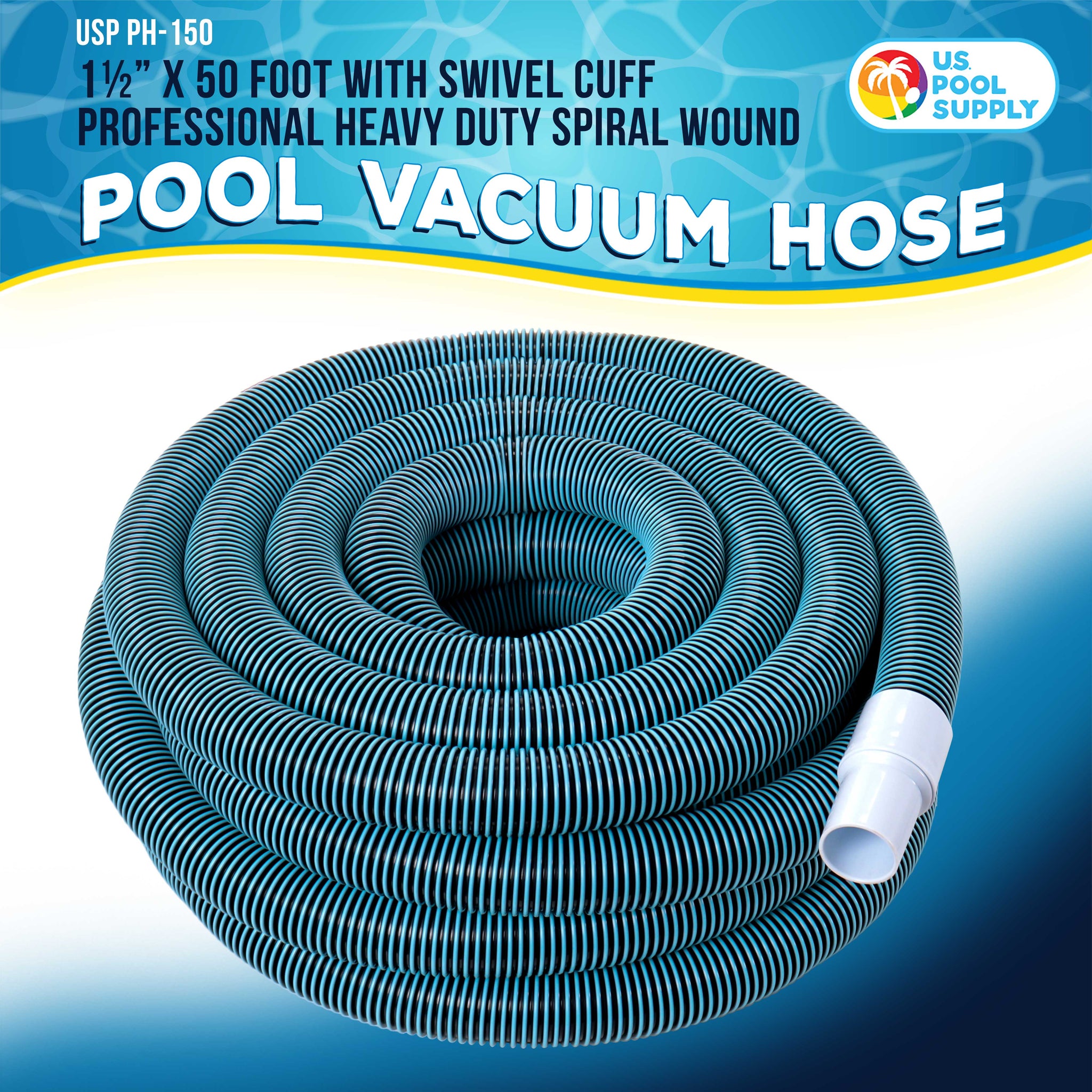 1-1/2" x 50 Foot Heavy Duty Spiral Wound Swimming Pool Vacuum Hose with Kink-Free Swivel Cuff, Flexible - Connect to Vacuum Heads