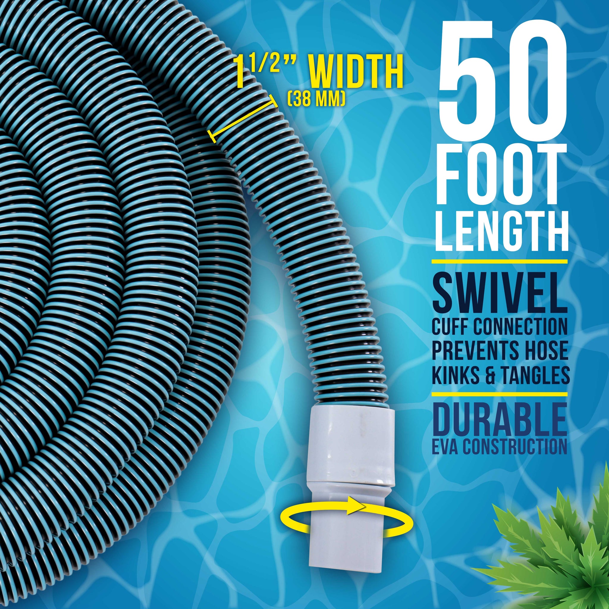 1-1/2" x 50 Foot Heavy Duty Spiral Wound Swimming Pool Vacuum Hose with Kink-Free Swivel Cuff, Flexible - Connect to Vacuum Heads