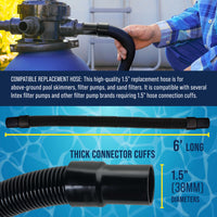 6 Foot Heavy-Duty Above Ground Pool Hose, 1.5" - Black Replacement Filter Connecting Hose, Flexible Spiral Wound EVA - Compatible with Intex for Pool Filter Pumps - Skimmer Pump