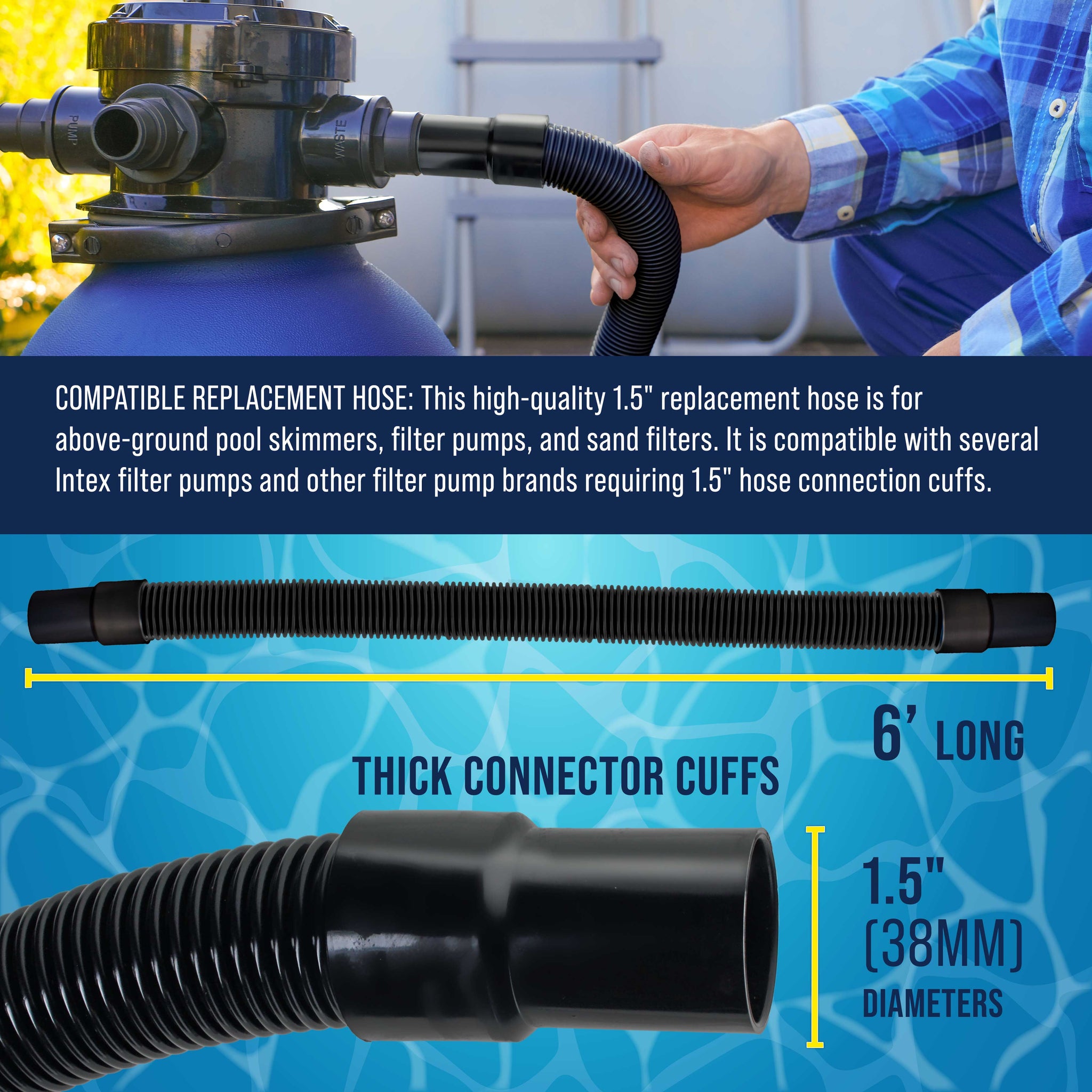 6 Foot Heavy-Duty Above Ground Pool Hose, 1.5" - Black Replacement Filter Connecting Hose, Flexible Spiral Wound EVA - Compatible with Intex for Pool Filter Pumps - Skimmer Pump