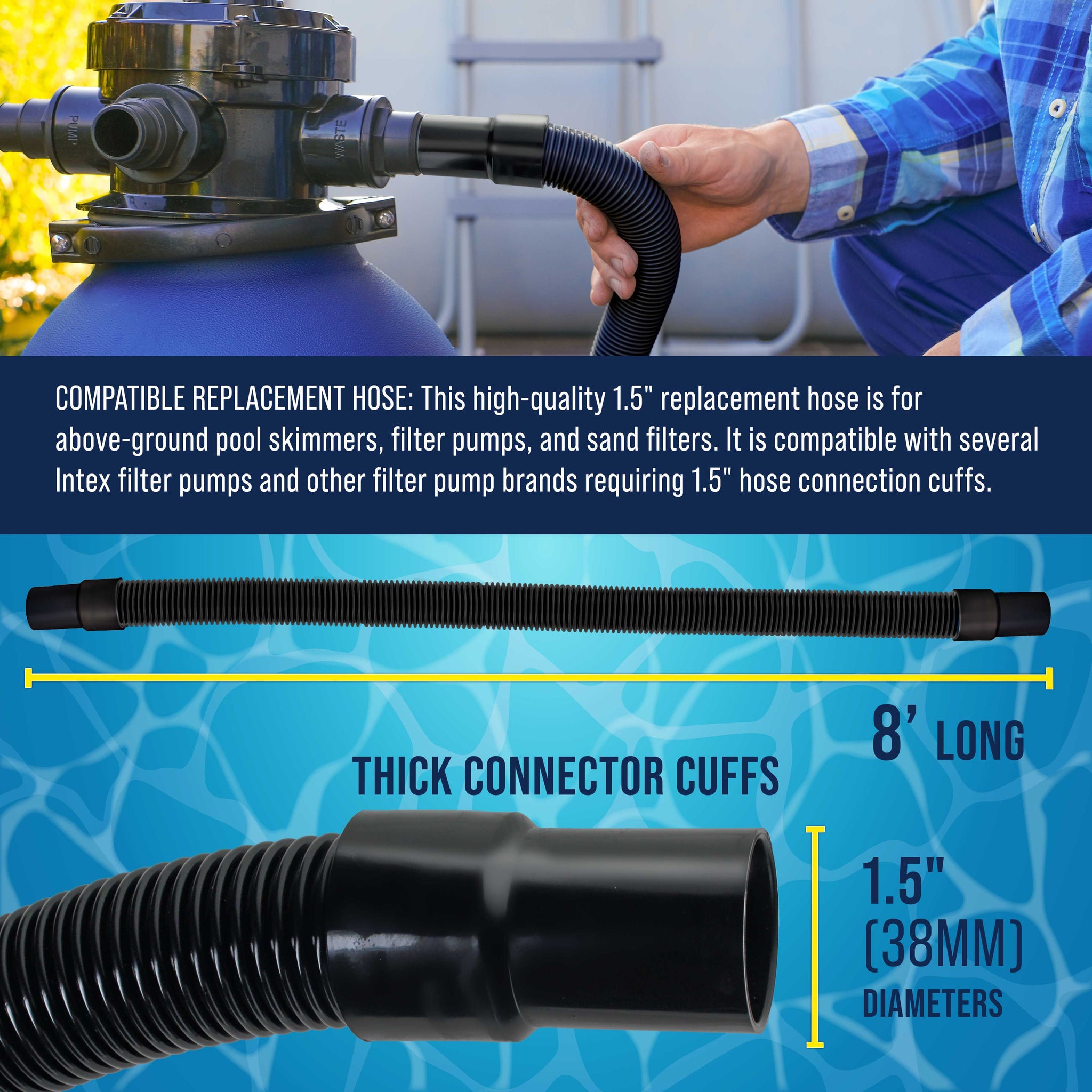 8 Foot Heavy-Duty Above Ground Pool Hose, 1.5" - Black Replacement Filter Connecting Hose, Flexible Spiral Wound EVA - Compatible with Intex for Pool Filter Pumps - Skimmer Pump
